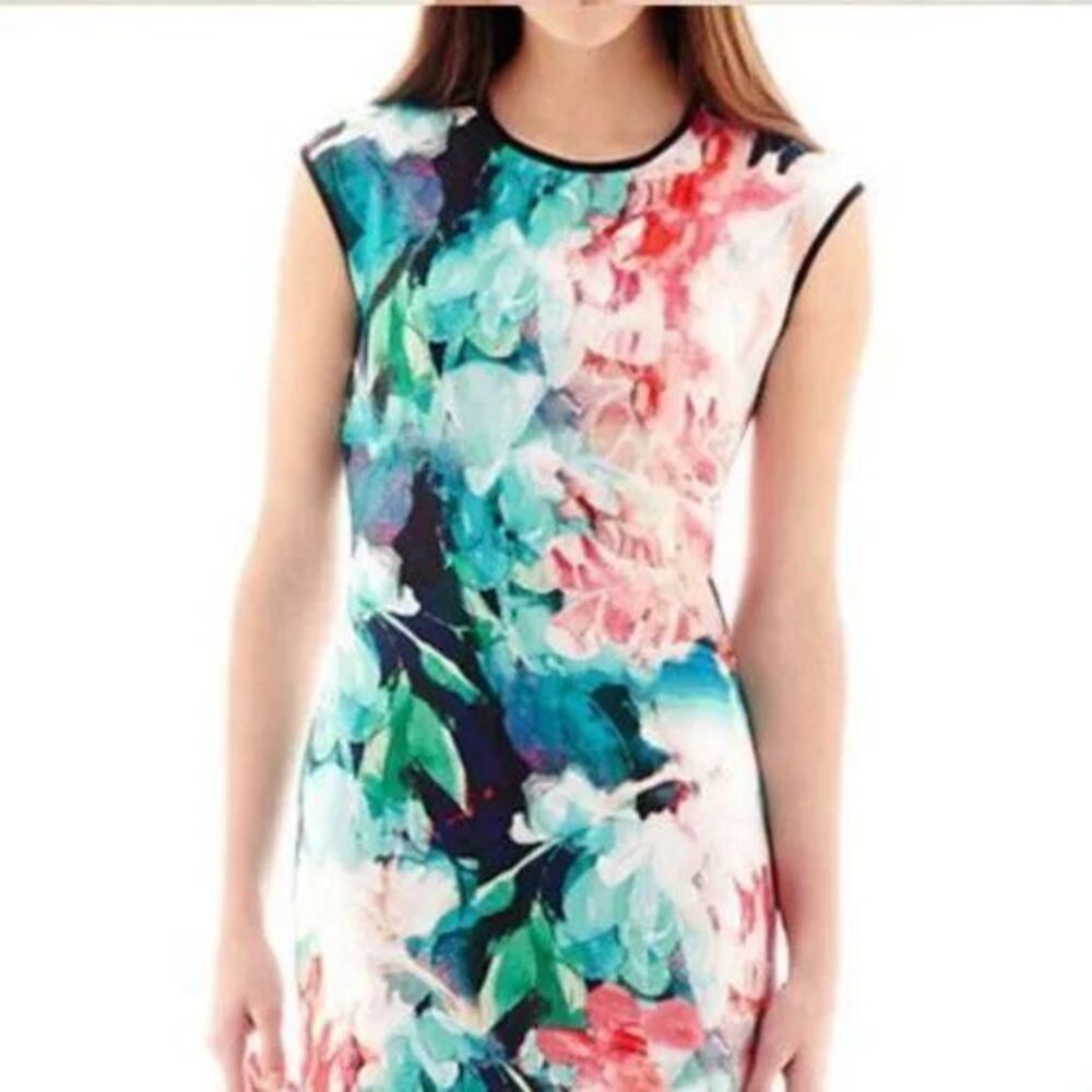 Bisou Bisou Cap Sleeve Sheath Dress Green Navy Red Watercolor Floral Size 16